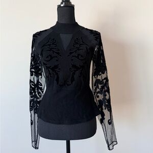 INC International Concepts Black Sheer & Velvet Embroidered Blouse
